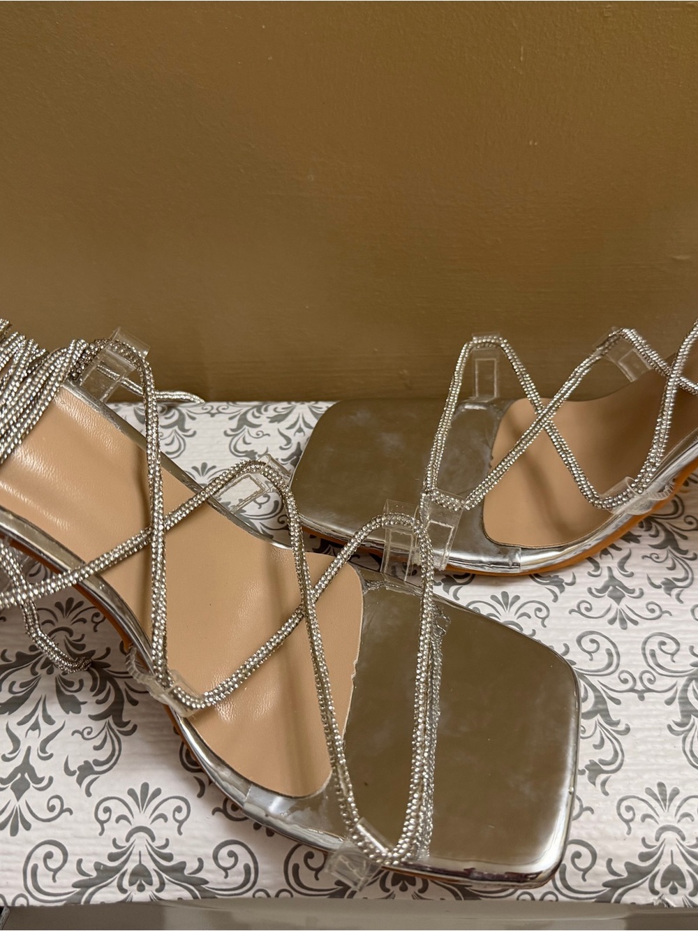 Crystal-Embellished Silver Lace-Up Heels - Picture 5 of 6